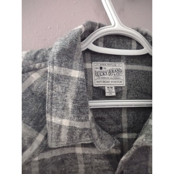 Lucky Brand Shirt Mens Medium Gray Plaid Saturday Stretch Snap Flannel - Picture 3 of 11